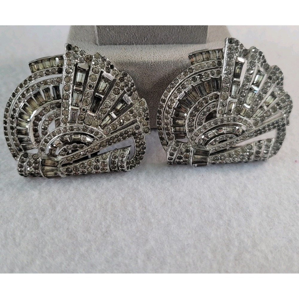 1930s Art Deco Dress Clips Pair Clear Rhinestone Silver Tone Fan Geometric